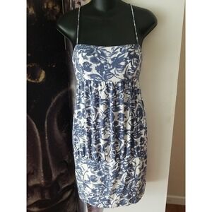 ISLI Women's Spaghetti Strap Sleeveless Blue White Floral Print Shift Dress sz S